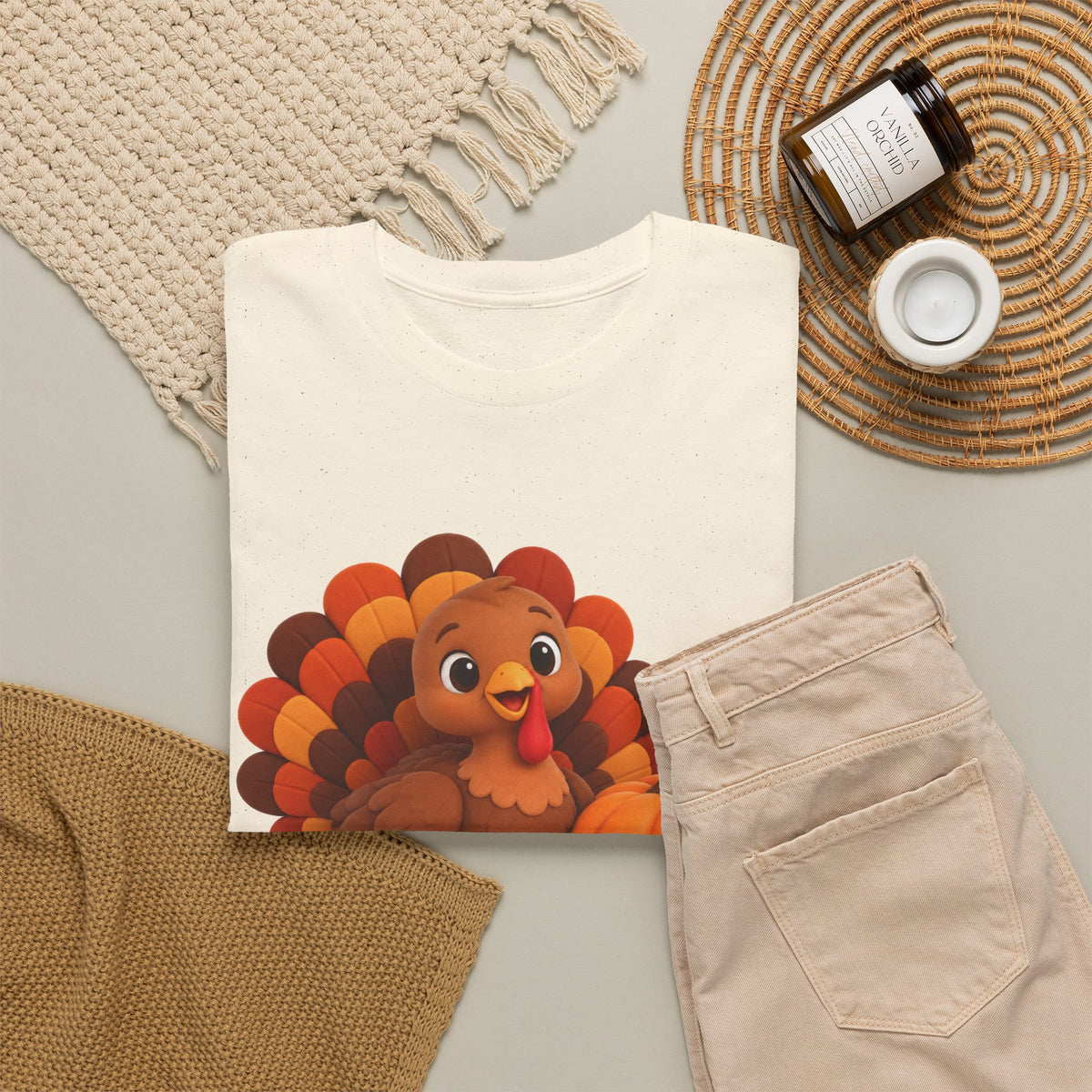 Be Thankful Thanksgiving Turkey & Pumpkin T-Shirt – Cute Fall Holiday Graphic Unisex Heavy Cotton Tee