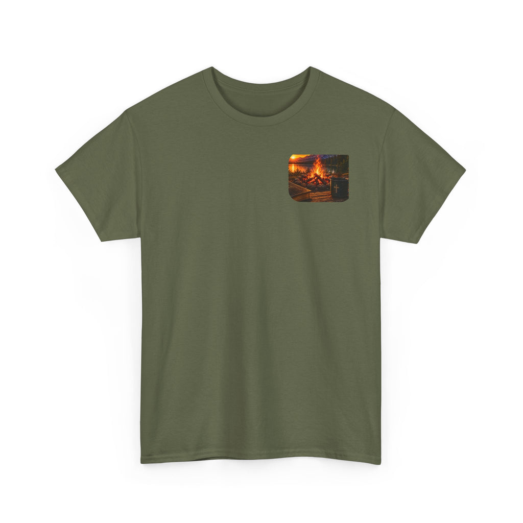 Buck Bible Bonfire Christian Hunting Shirt | Faith Outdoors T-Shirt | Rustic Campfire Deer Unisex Heavy Cotton Tee