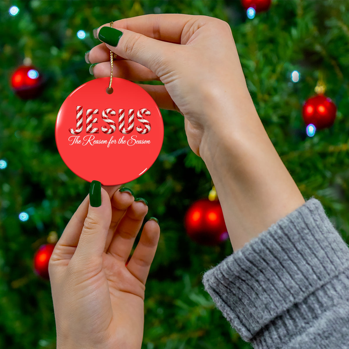 Jesus Is the Reason for the Season – Candy Cane Christmas Ornament Ceramic Ornament, 2 Shapes