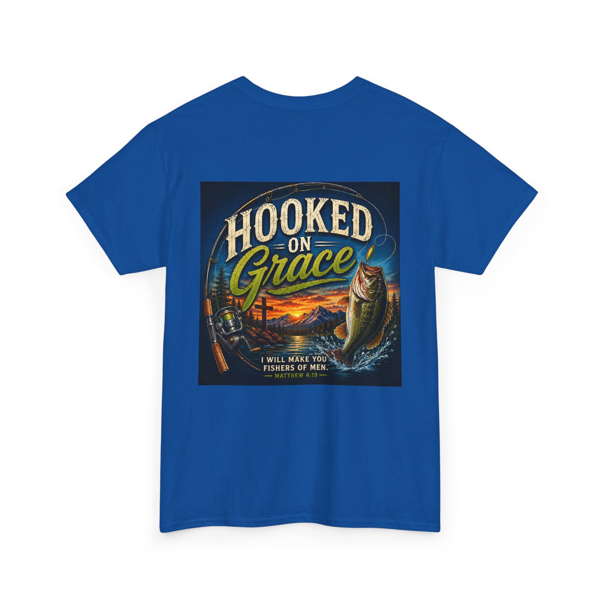 Hooked on Grace Christian Fishing Shirt | Faith-Based Outdoor Tee | Inspirational Fisherman Graphic T-Shirt Unisex Heavy Cotton Tee