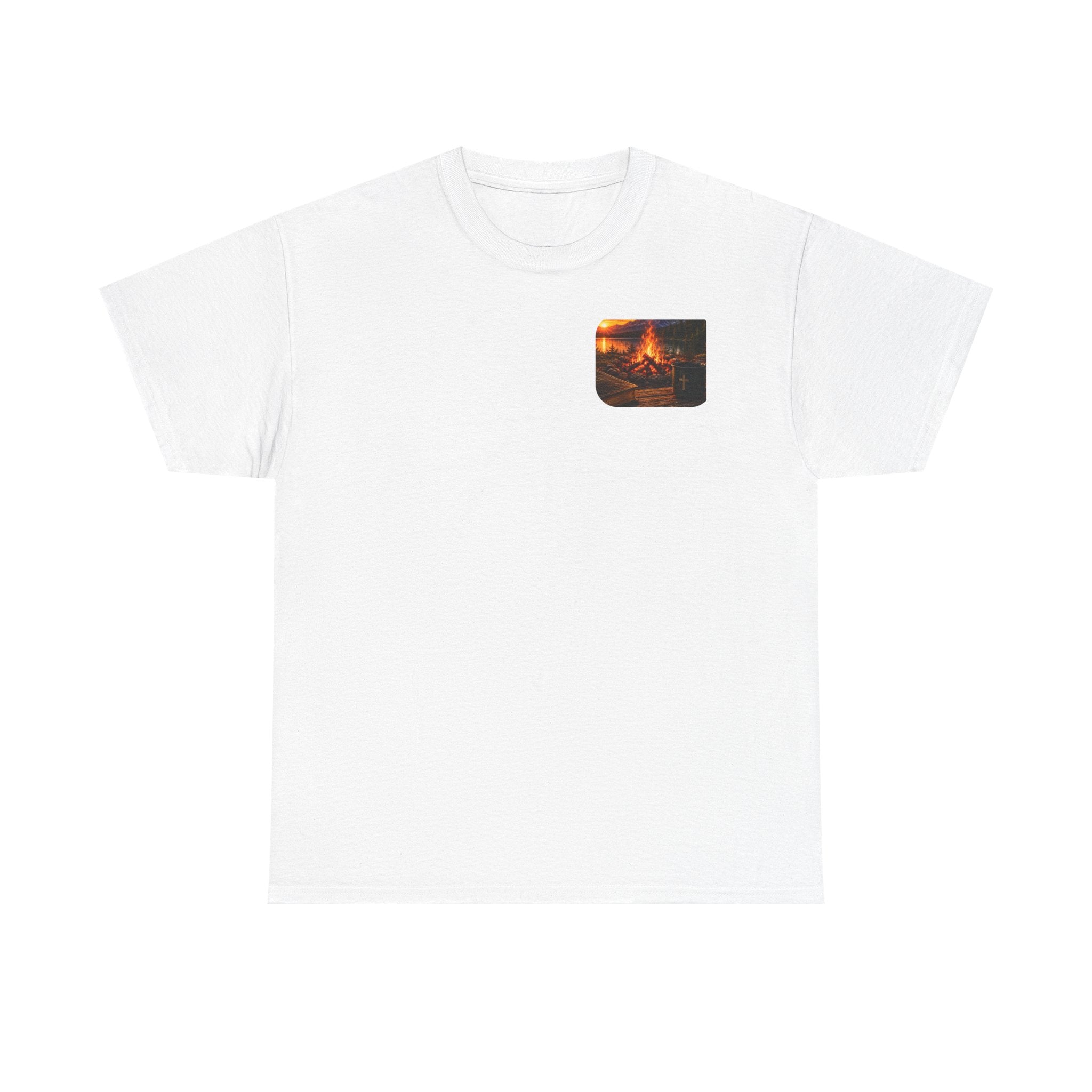 Buck Bible Bonfire Christian Hunting Shirt | Faith Outdoors T-Shirt | Rustic Campfire Deer Unisex Heavy Cotton Tee