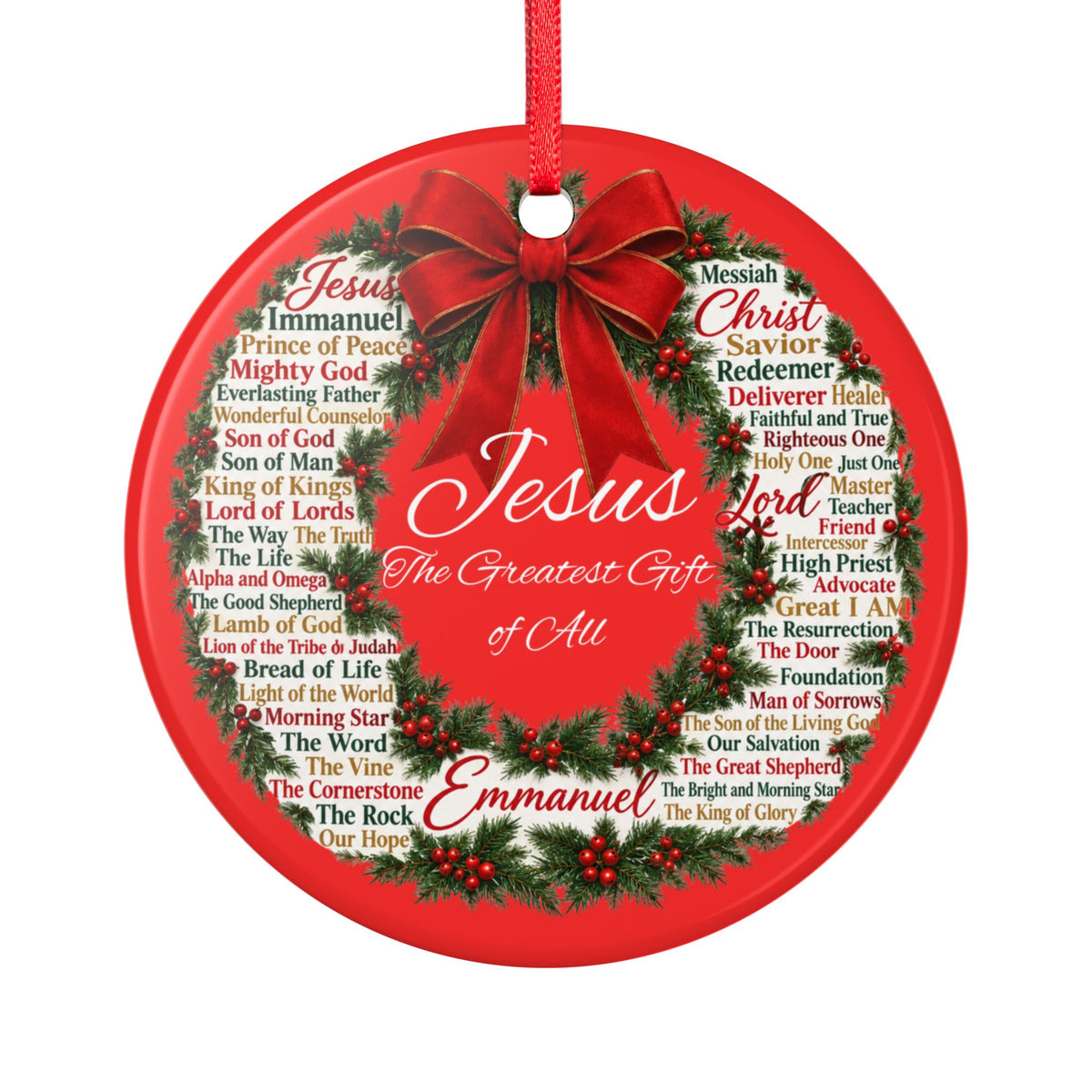 Names of Jesus Christmas Wreath Ceramic Ornament, 2-Side Print