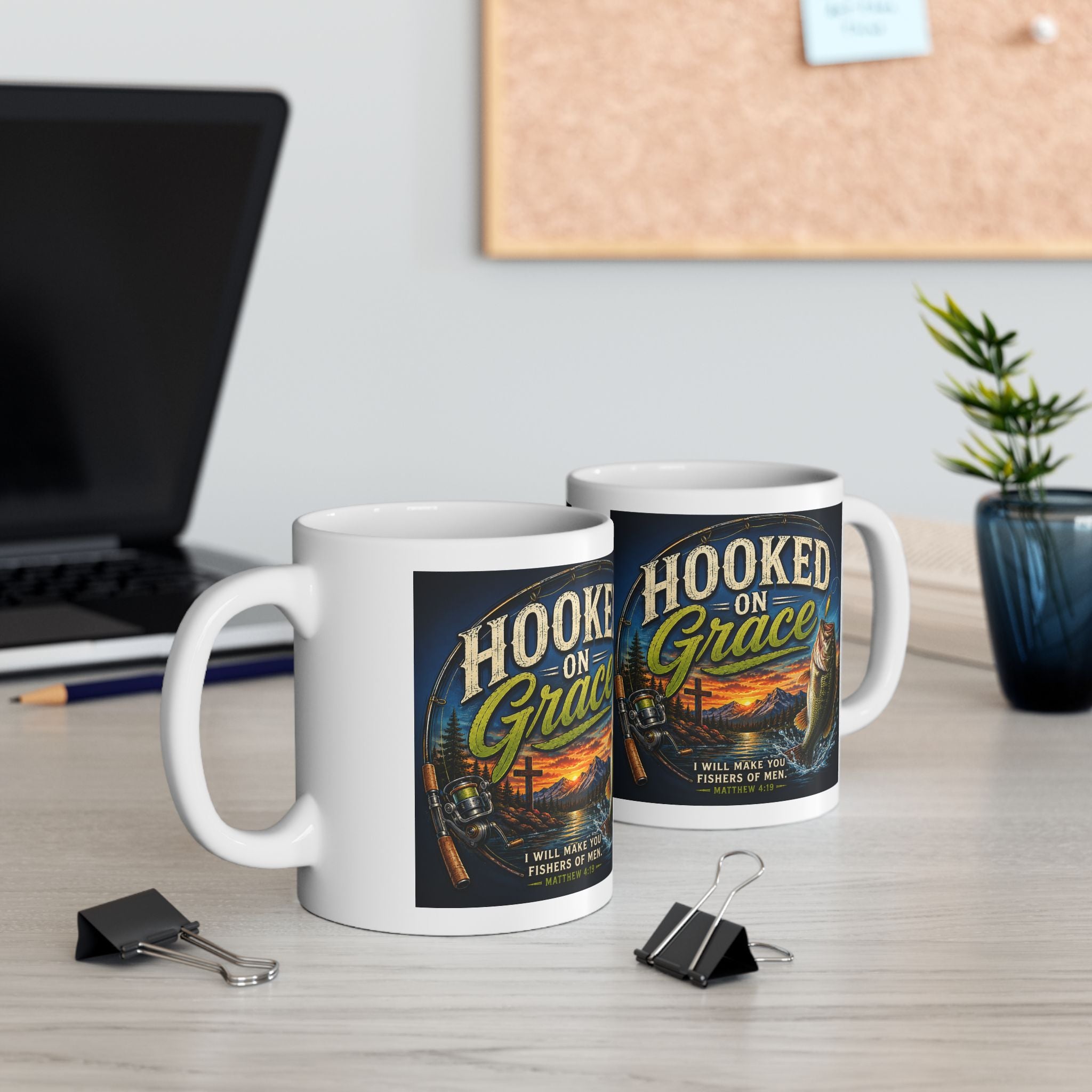Hooked on Grace Christian Fishing Mug | Matthew 4:19 Fisher of Men Coffee Ceramic Mug, (11oz, 15oz)