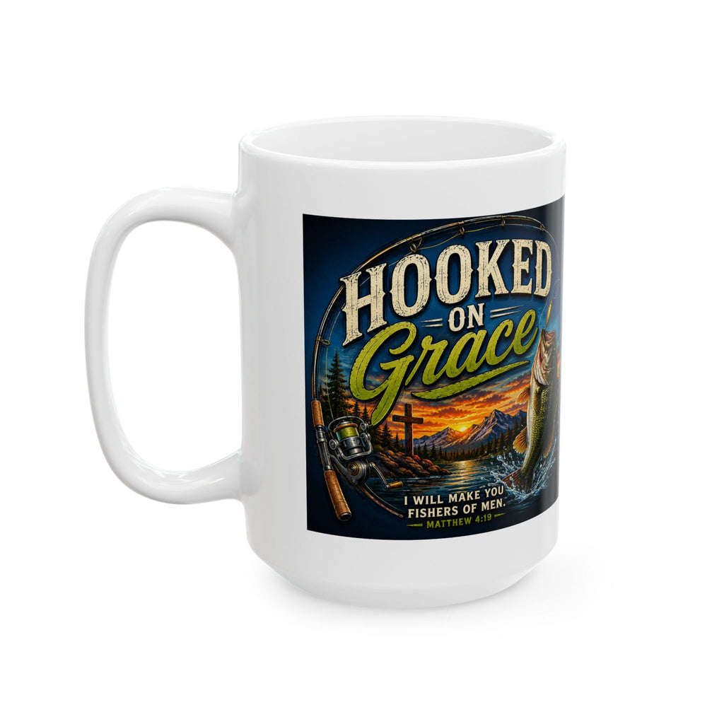 Hooked on Grace Christian Fishing Mug | Matthew 4:19 Fisher of Men Coffee Ceramic Mug, (11oz, 15oz)
