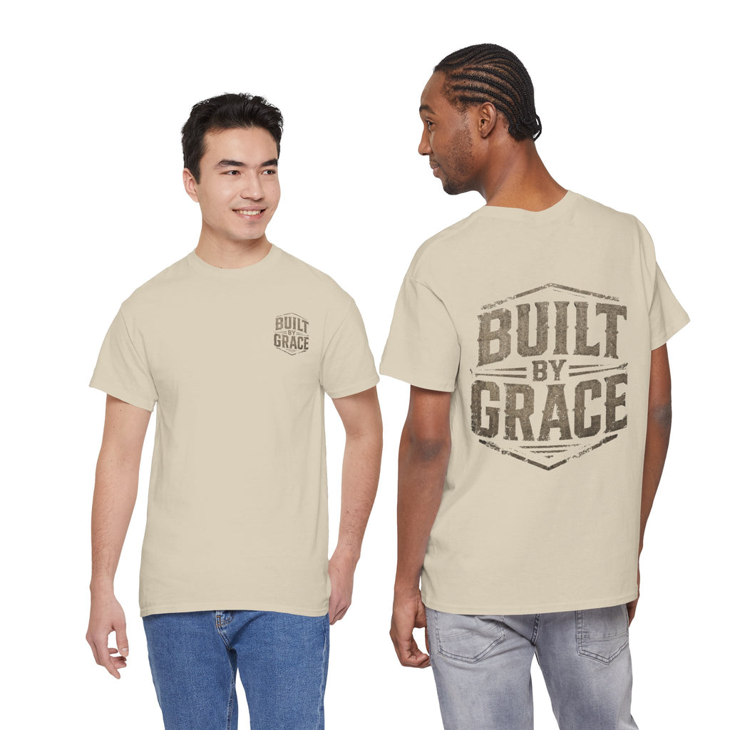 Built By Grace Christian T-Shirt | Rugged Faith-Based Graphic Tee | Inspirational Western Style Unisex Heavy Cotton Tee
