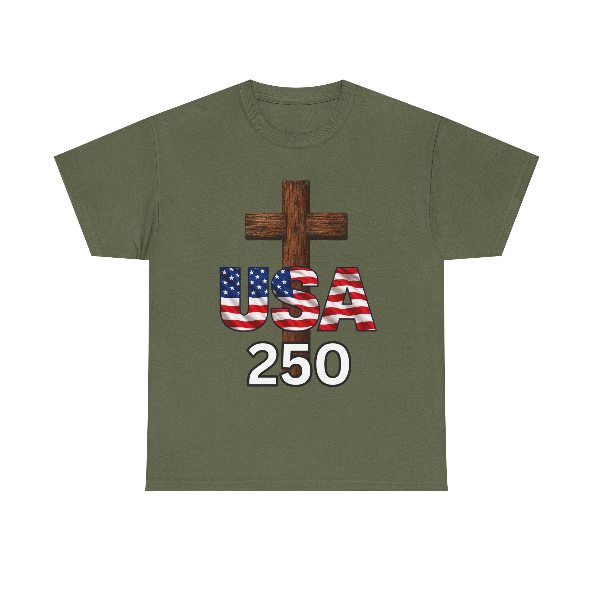 USA 250 Christian Patriotic Cross T-Shirt – America’s 250th Anniversary Faith & Freedom Unisex Heavy Cotton Tee