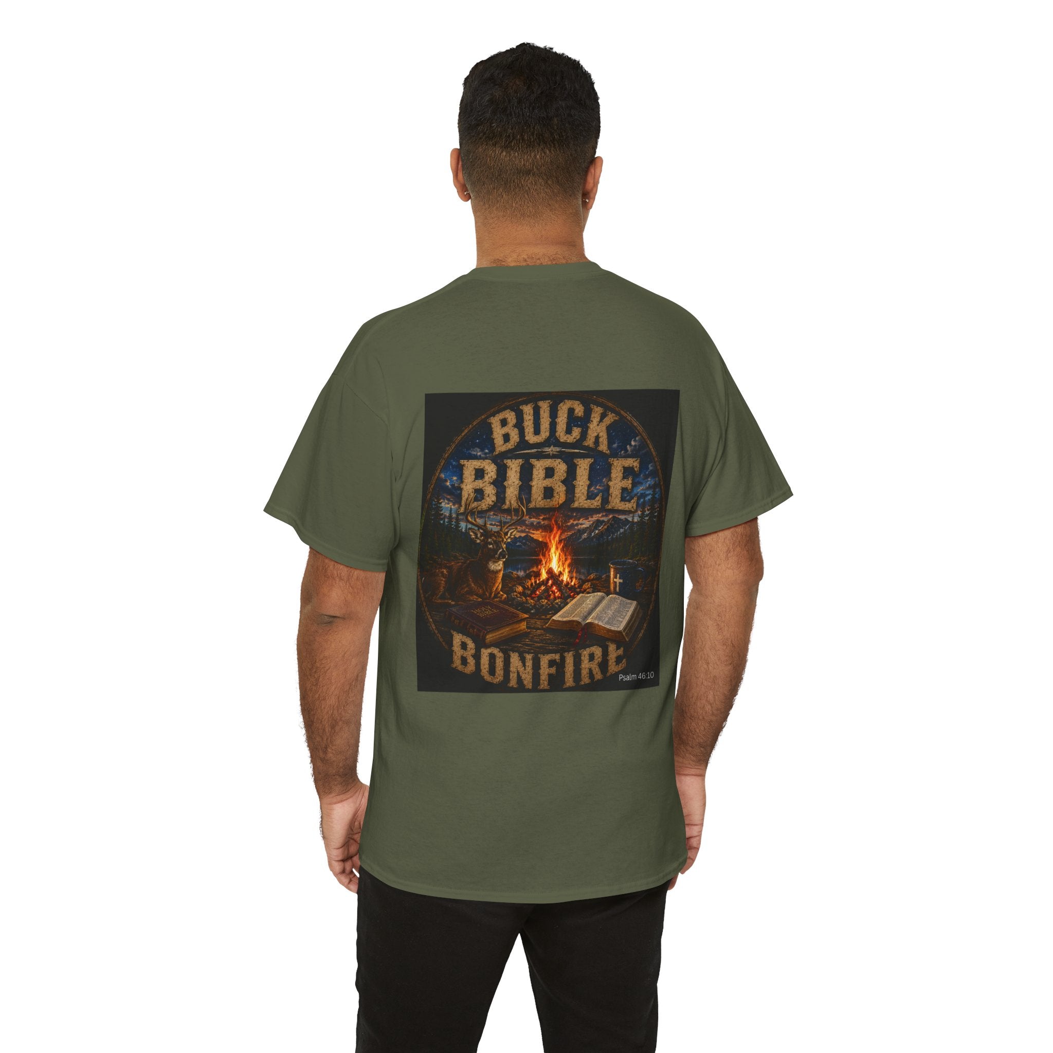 Buck Bible Bonfire Christian Hunting Shirt | Faith Outdoors T-Shirt | Rustic Campfire Deer Unisex Heavy Cotton Tee