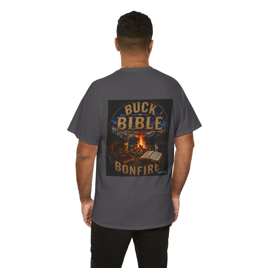 Buck Bible Bonfire Christian Hunting Shirt | Faith Outdoors T-Shirt | Rustic Campfire Deer Unisex Heavy Cotton Tee