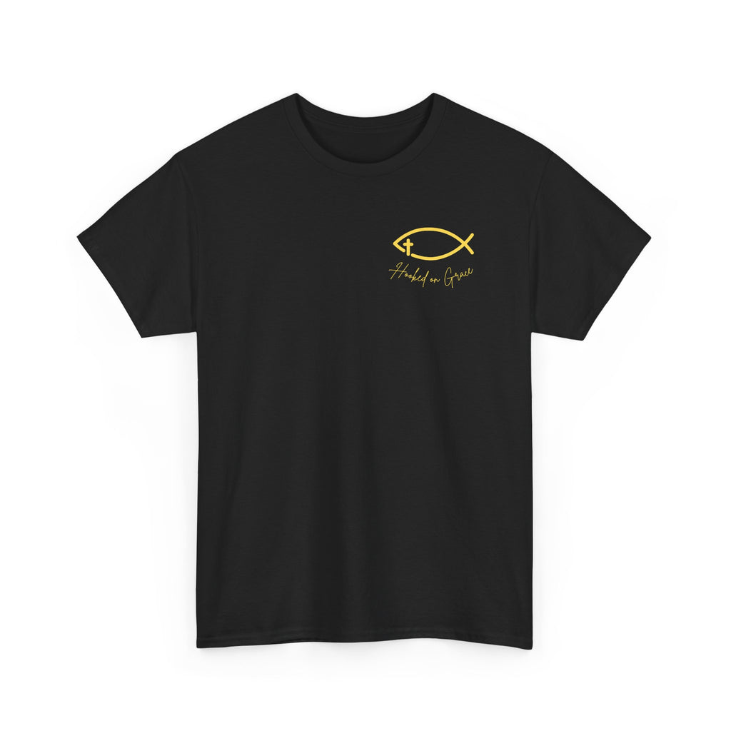 Hooked on Grace Christian Fishing Shirt | Faith-Based Outdoor Tee | Inspirational Fisherman Graphic T-Shirt Unisex Heavy Cotton Tee