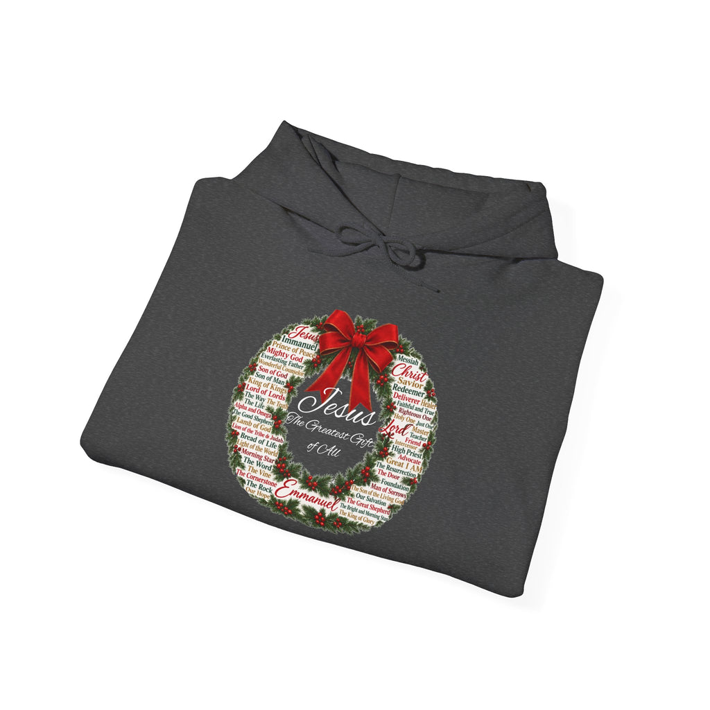 Names of Jesus Christmas Wreath Christian Heavy Blend™ Hooded Sweatshirt