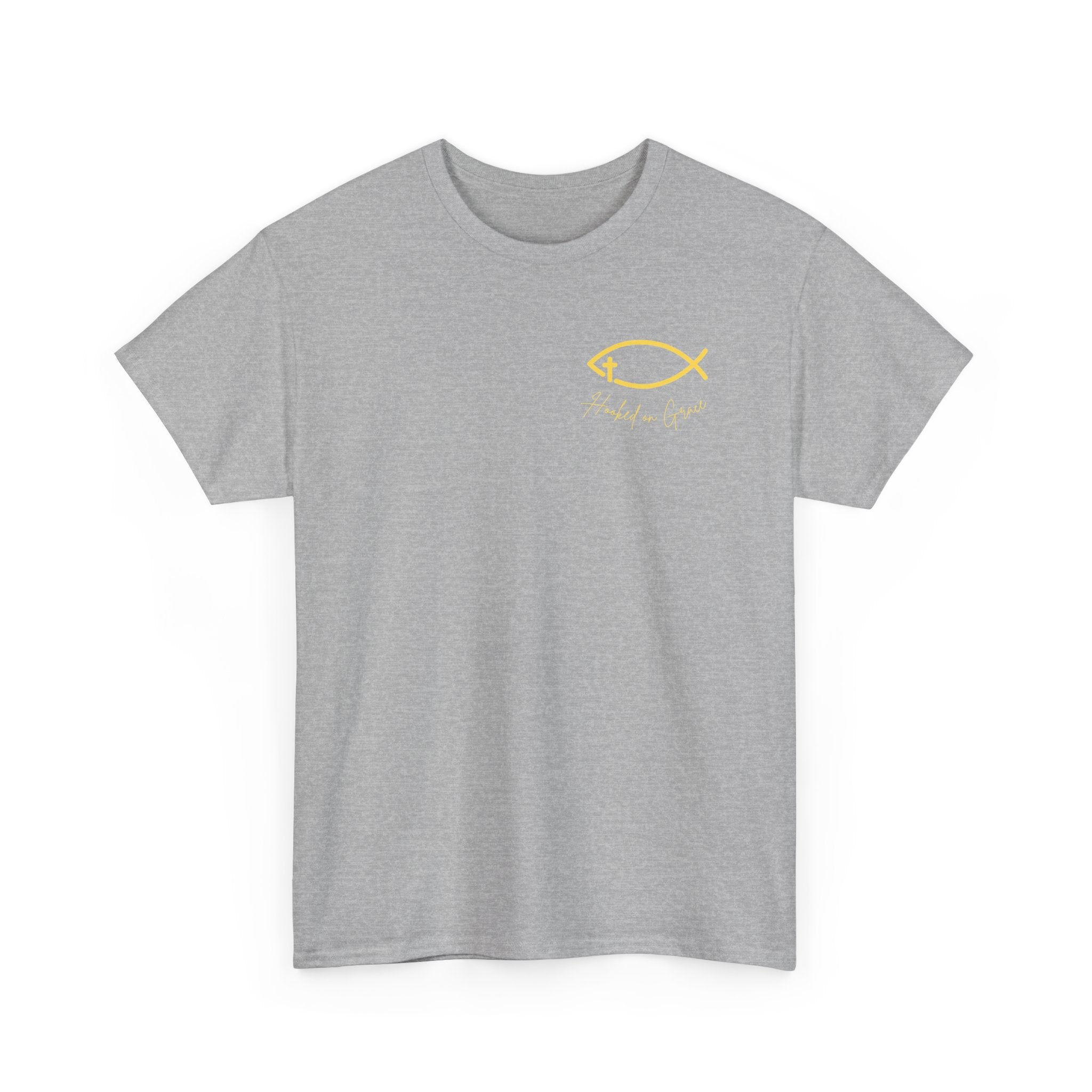 Hooked on Grace Christian Fishing Shirt | Faith-Based Outdoor Tee | Inspirational Fisherman Graphic T-Shirt Unisex Heavy Cotton Tee