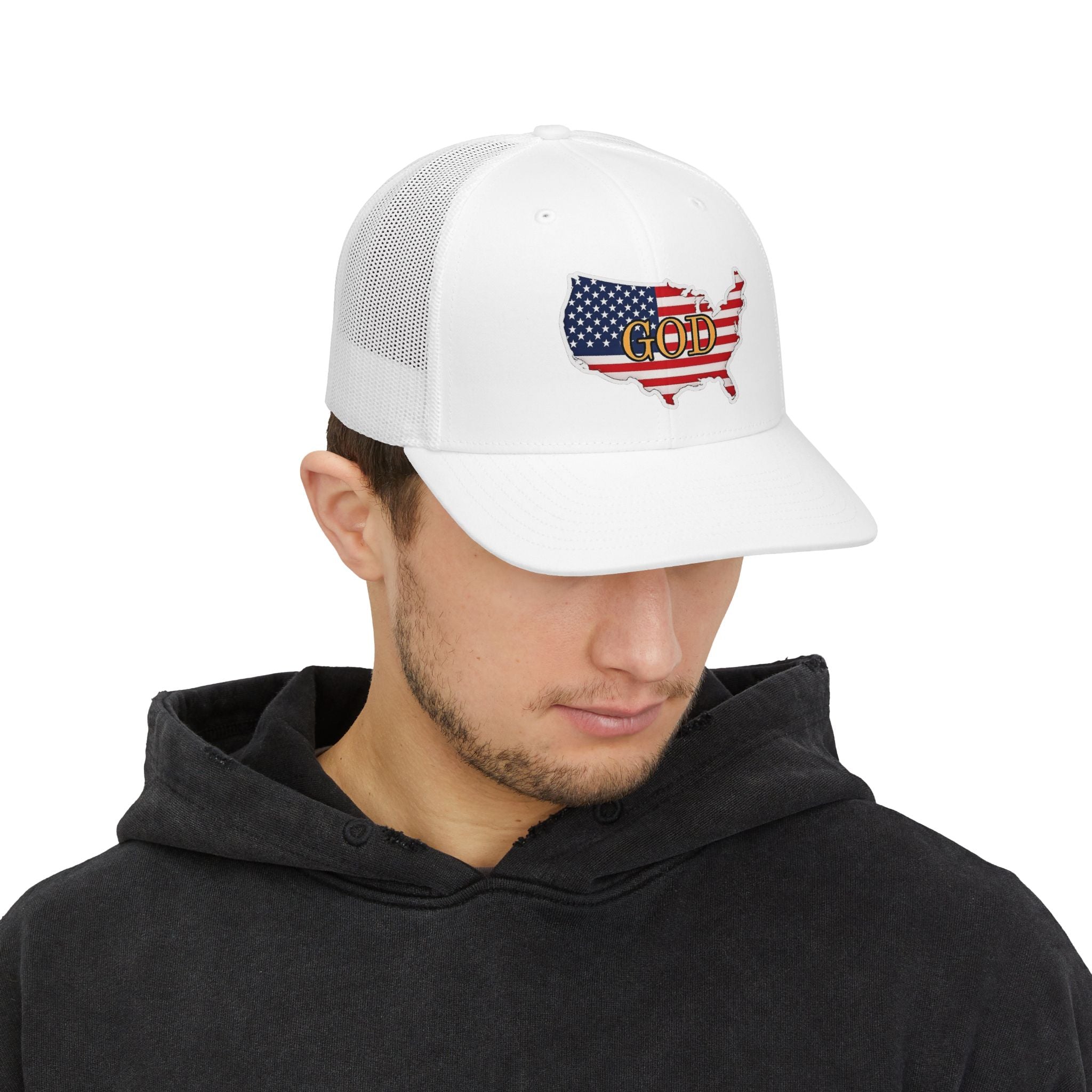 Faith Over Nation “G.O.D.” USA Flag Hat – Psalm 33:12 Christian Trucker Cap