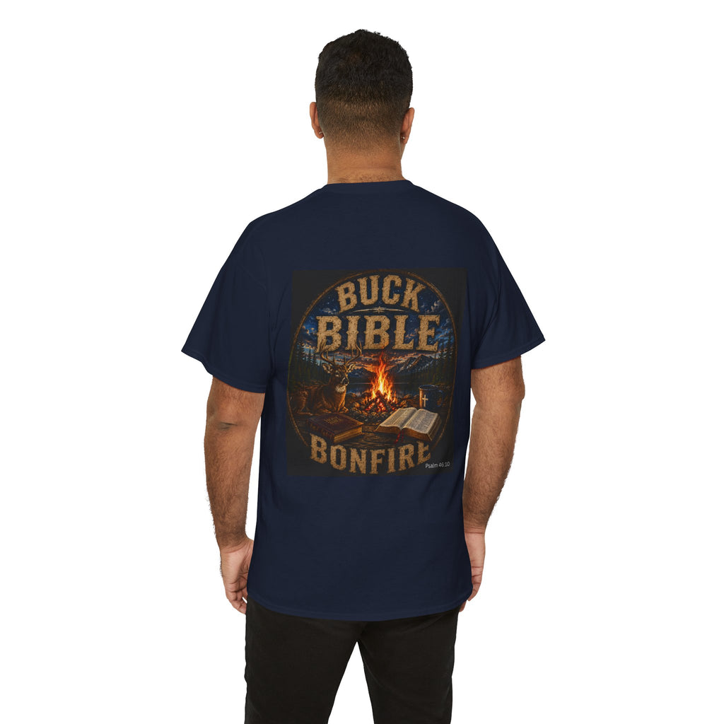 Buck Bible Bonfire Christian Hunting Shirt | Faith Outdoors T-Shirt | Rustic Campfire Deer Unisex Heavy Cotton Tee