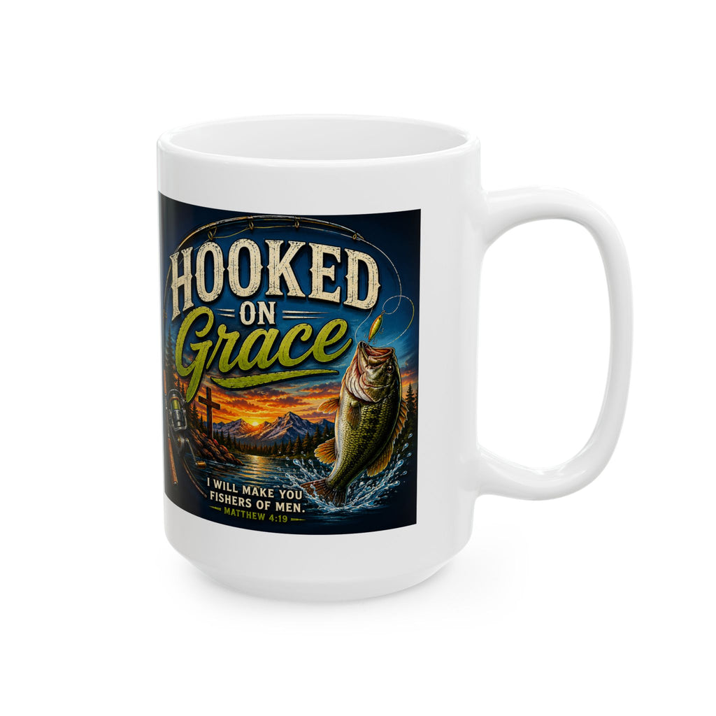 Hooked on Grace Christian Fishing Mug | Matthew 4:19 Fisher of Men Coffee Ceramic Mug, (11oz, 15oz)