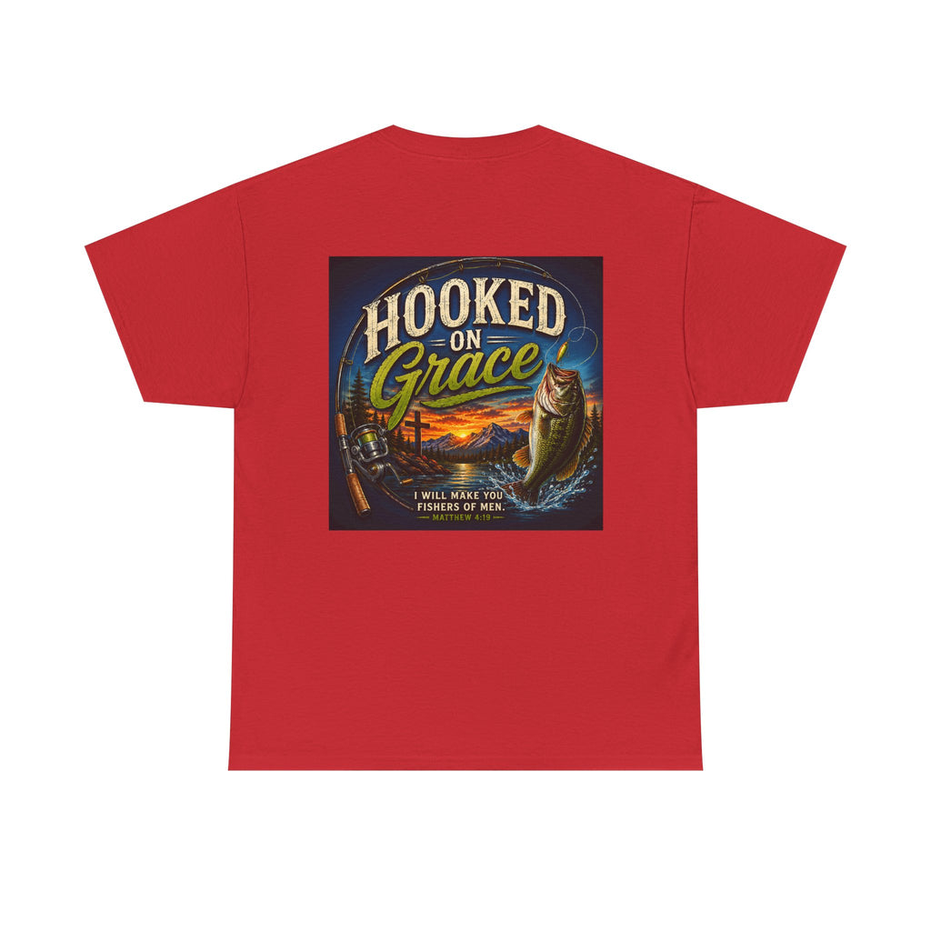 Hooked on Grace Christian Fishing Shirt | Faith-Based Outdoor Tee | Inspirational Fisherman Graphic T-Shirt Unisex Heavy Cotton Tee