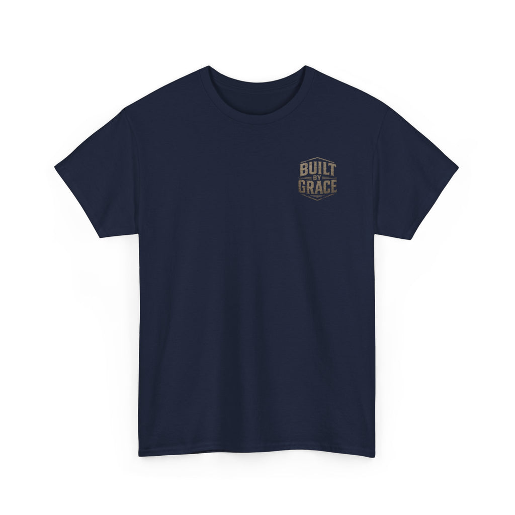 Built By Grace Christian T-Shirt | Rugged Faith-Based Graphic Tee | Inspirational Western Style Unisex Heavy Cotton Tee