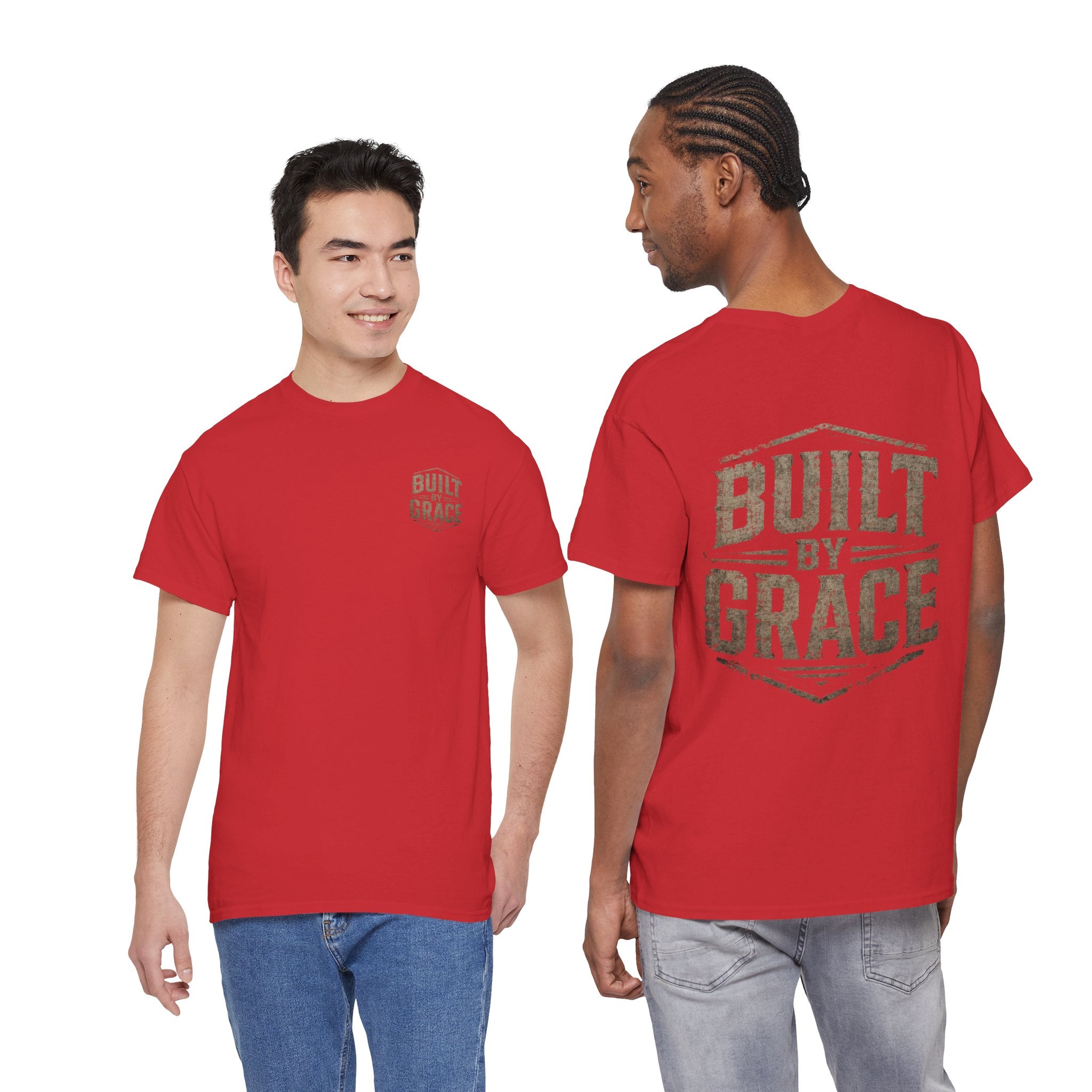 Built By Grace Christian T-Shirt | Rugged Faith-Based Graphic Tee | Inspirational Western Style Unisex Heavy Cotton Tee