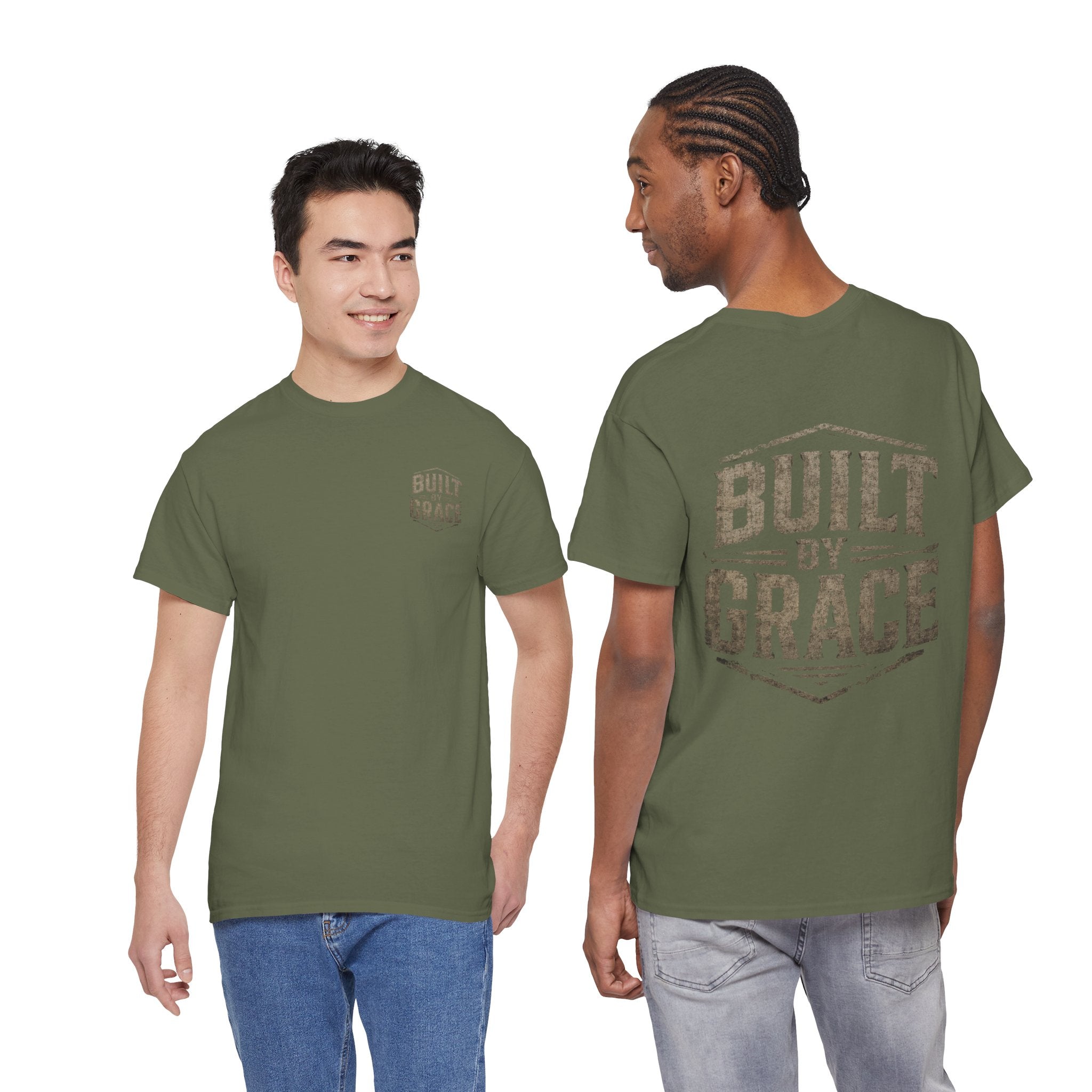 Built By Grace Christian T-Shirt | Rugged Faith-Based Graphic Tee | Inspirational Western Style Unisex Heavy Cotton Tee