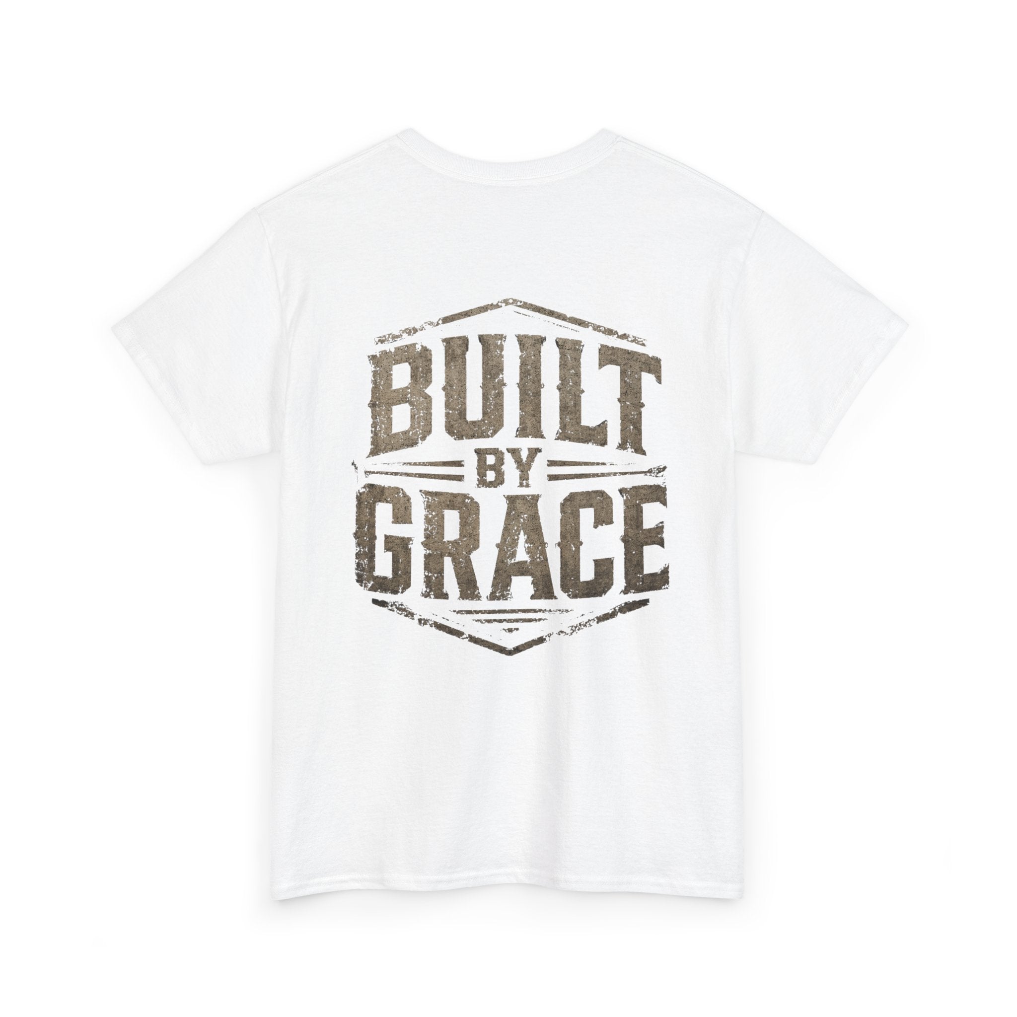 Built By Grace Christian T-Shirt | Rugged Faith-Based Graphic Tee | Inspirational Western Style Unisex Heavy Cotton Tee