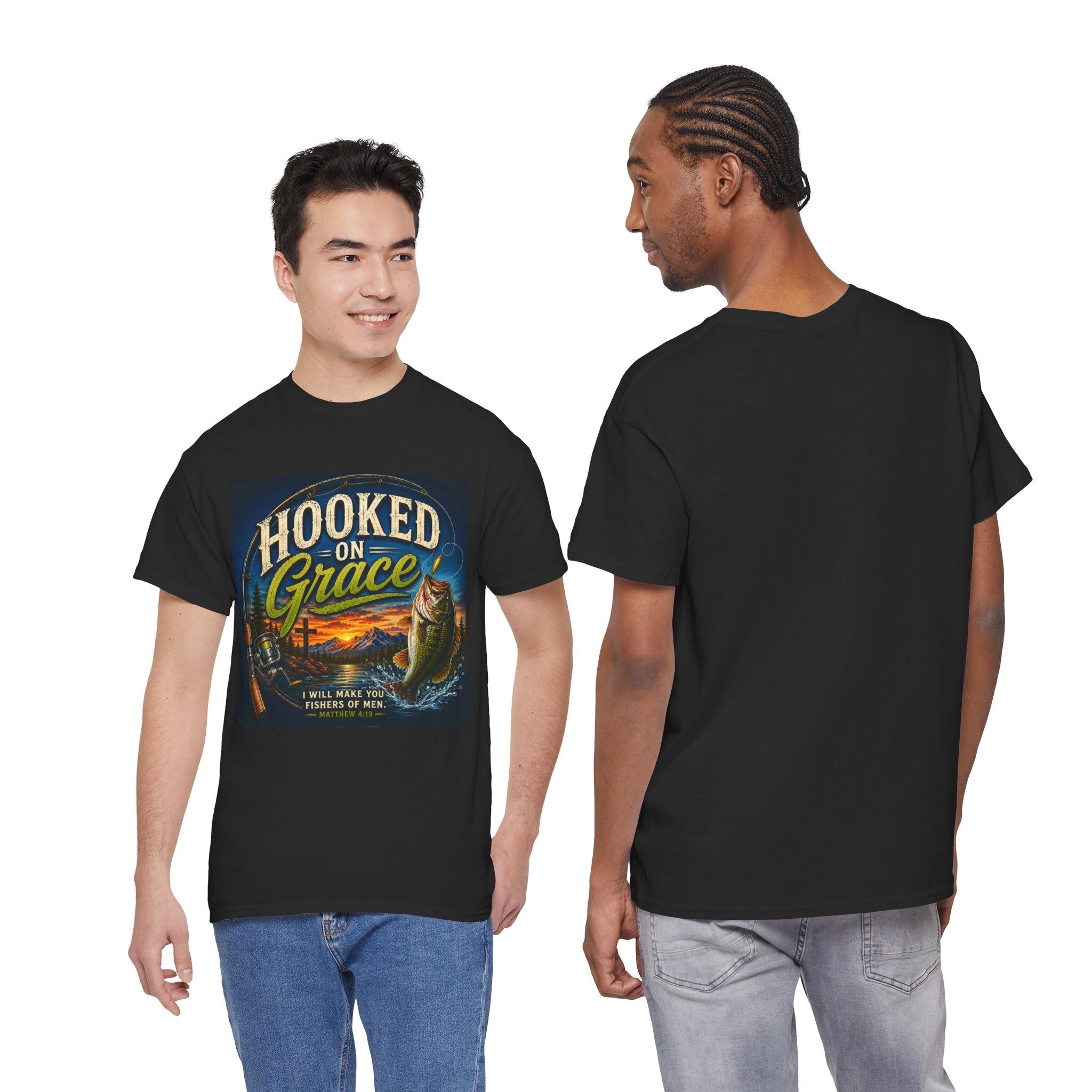 Hooked on Grace Christian Fishing T-Shirt | Faith Based Outdoor Unisex Heavy Cotton Tee